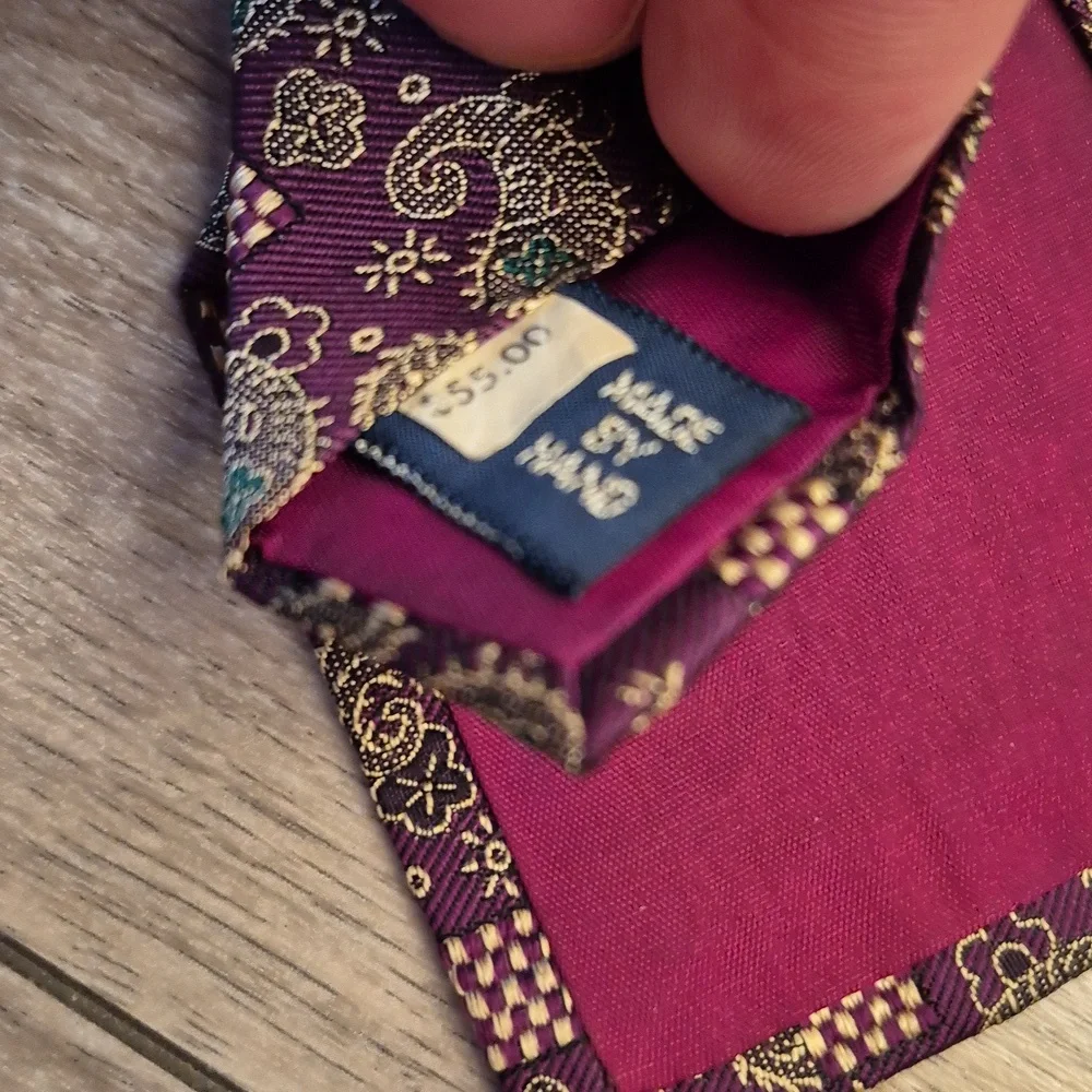 POLO‎ RAPH LAUREN Metallic Purple Beige Paisley USA Hand Made Mens Silk Tie VTG